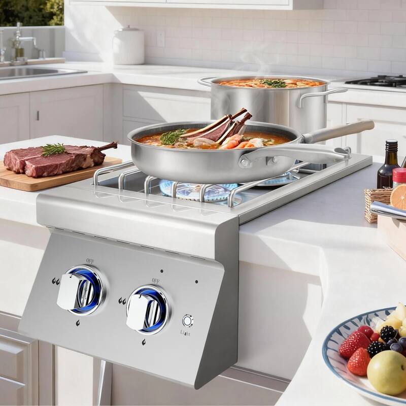 Double Grilling Side Burners, 2 x 17,000BTU Liquid Propane, Convertible to Natural Gas, 304 Stainless Steel Built