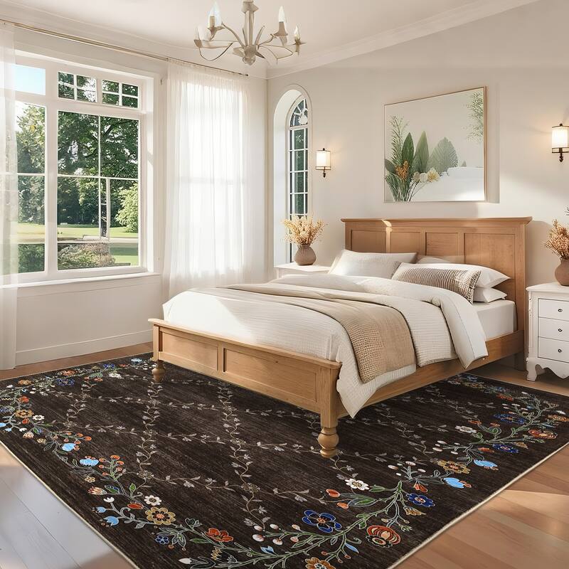 Floral Area Rugs for Living Room Low Pile Non Slip Rugs Washable Soft Foldable Accent Carpet Home Decor