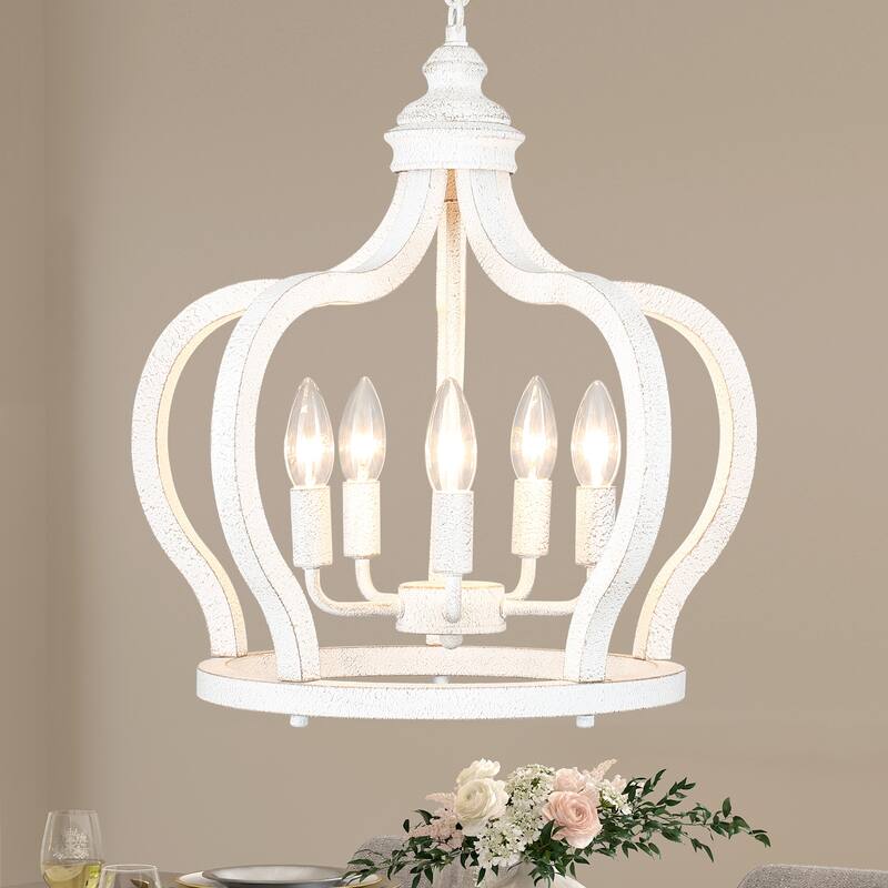 5-Light Rustic Crown Wood Ceiling Light Farmhouse Shabby Chic Chandelier, Bohemian Chandelier for Living Room Dining Foyer - Distressed White