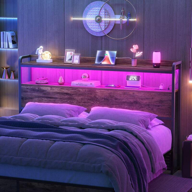 Headboard with Storage Drawers and LED Light, Head Board with Outlets, USB Ports