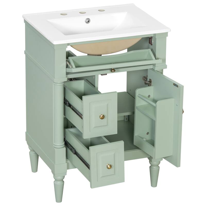 Roomfitters 24" Bathroom Vanity with Sink, Solid Wood Frame, Flip Drawer, 2 Drawers & Door Rack
