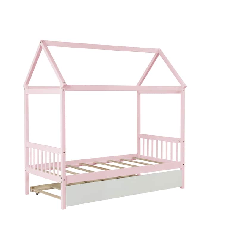 Twin Size Solid Wood House Bed Frame with Trundle