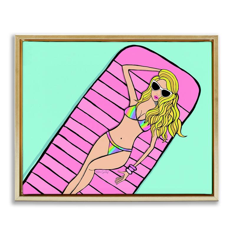 Stupell Trendy Girl on Pool Float Framed Floater Canvas Wall Art Design By Katie Conley - 21 x 17 - Gold