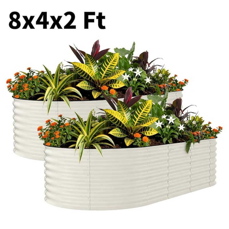 2 PCS 8x4x2 FT Galvanized Steel Raised Garden Bed, Planter for Vegetables, Flowers with Anti-Cut Strips - N/A - White