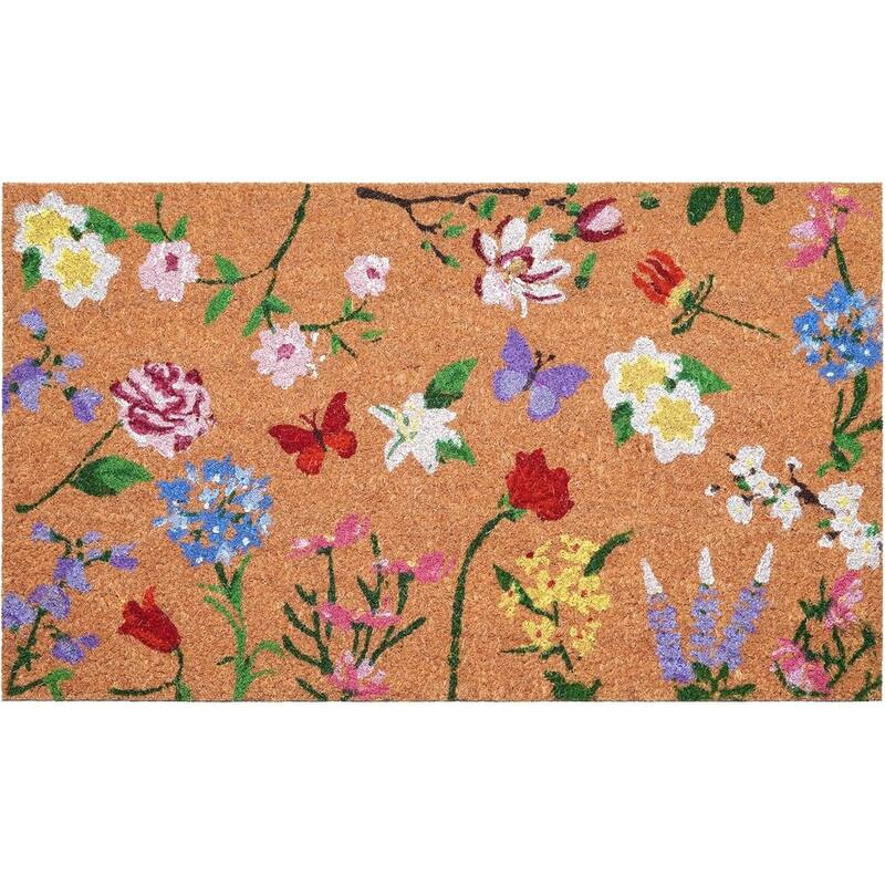HomeRoots 24" X 36" Brown White And Green Floral Outdoor Coir Door Mat - 24.00' X '36.00