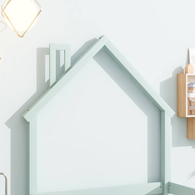 Whimsical Twin Floor Bed with House-Style Headboard and Full-Length Guardrails for Kids