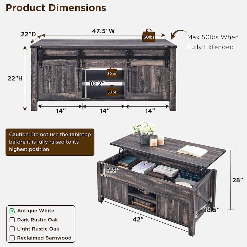 Farmhouse Lift Top Coffee Table, Rustic Wood Center Table