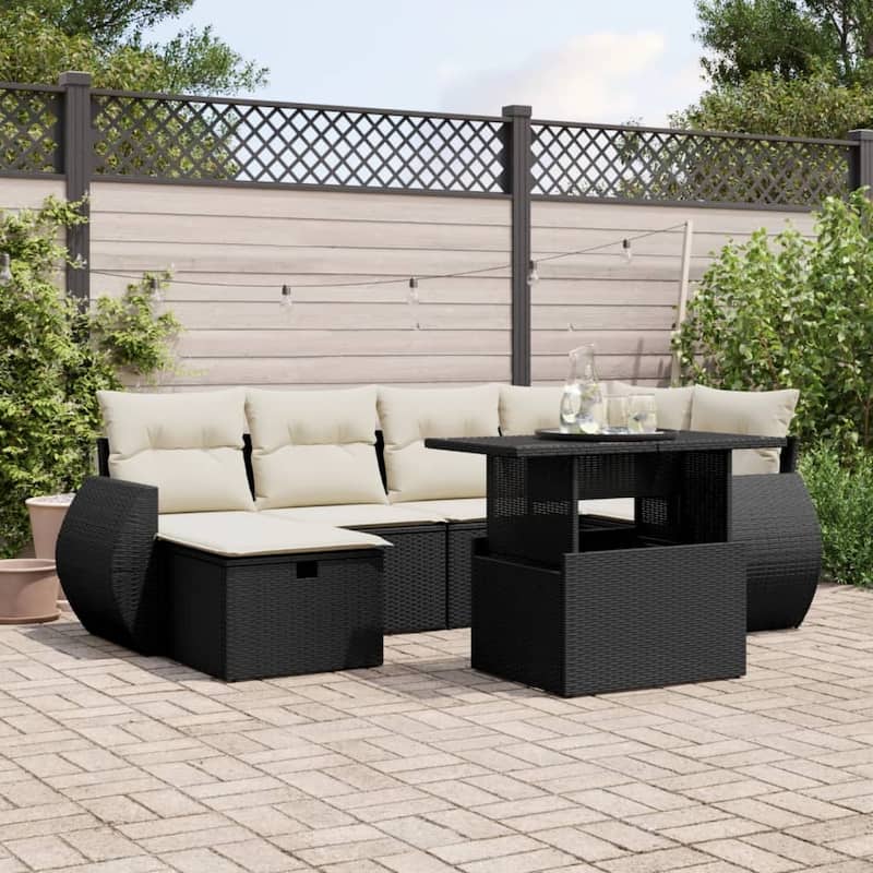 vidaXL Patio Sofa Set with Cushions Outdoor Furniture 7 Piece Poly Rattan - Black and cream without storage - 21.7 x 39.4 x 28.7 in