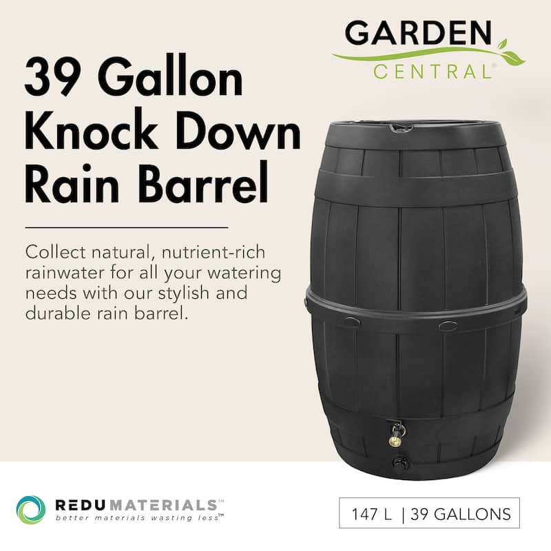 Garden Central Knock Down Rain Barrel w/ Rust Proof Brass Spigot, 39 Gal, Black - 15