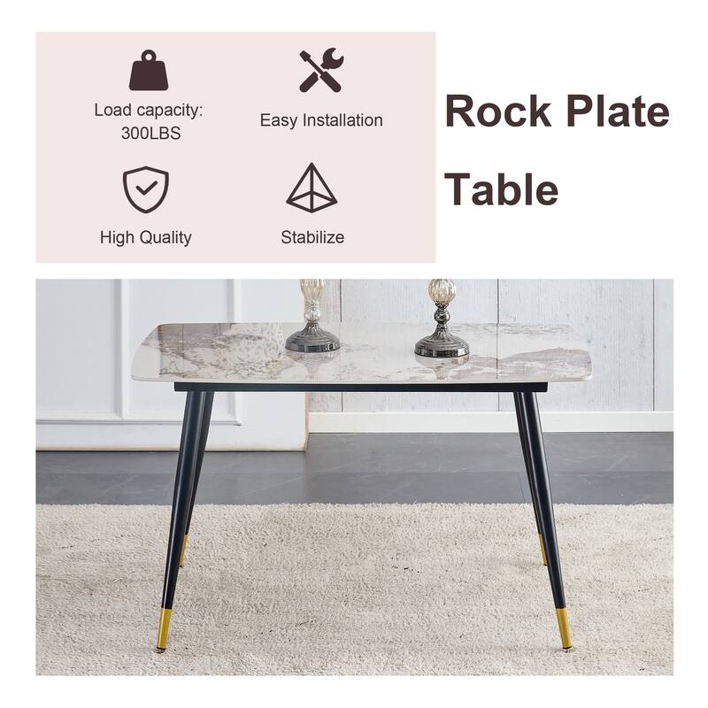 48.4" 5-Piece Sintered Stone Dining Table Set with 4 PU Chairs, Curved Widened Cushions, Pandora Patterned Rock Slab Desktop