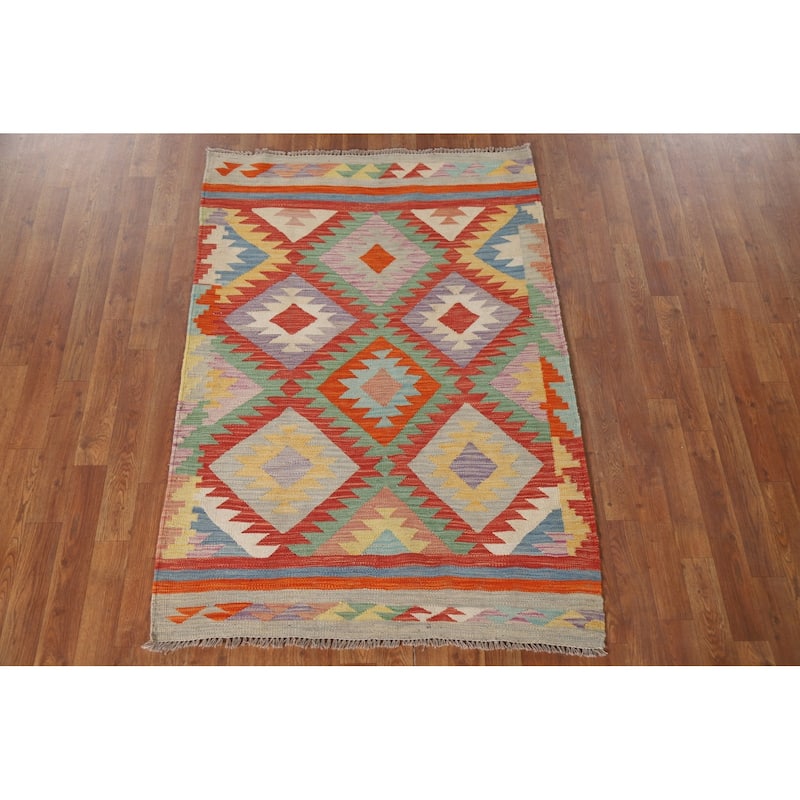 Reversible Kilim Area Rug Hand-Woven Wool Carpet - 3'6"x 5'1"