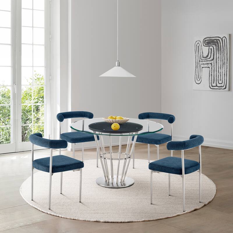 Veronica Shannon 5 Piece Round Glass Dining Table Set with Metal Frame and Upholstered Chairs - Blue