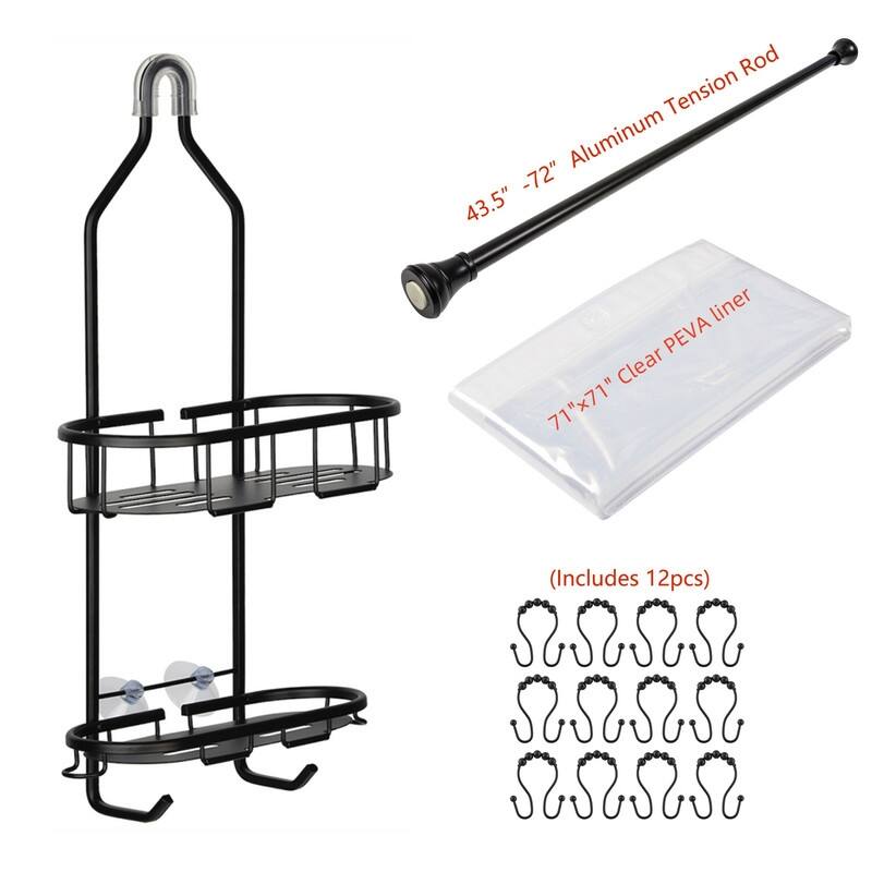 Utopia Alley Rustproof Aluminum Shower Caddy Organizer with 2 Shelves, Includes Shower Rod, Shower liner and shower hooks, Black