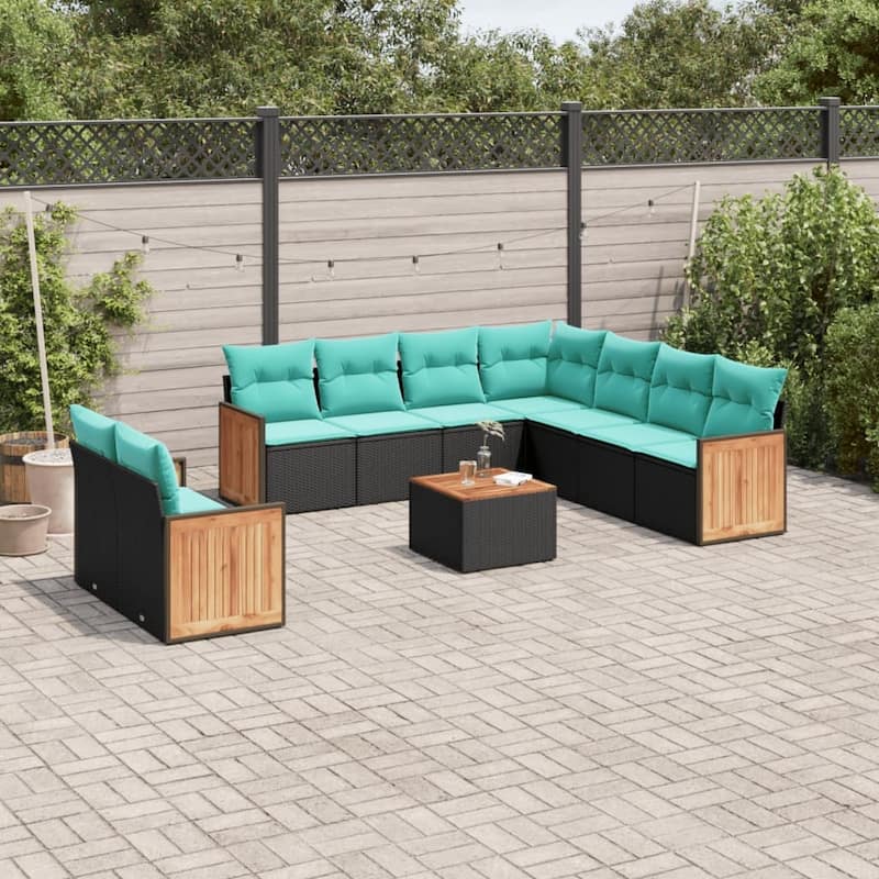 vidaXL 9 Piece Patio Sofa Set with Cushions Black Poly Rattan - 21.7x27.2x24.4-With table