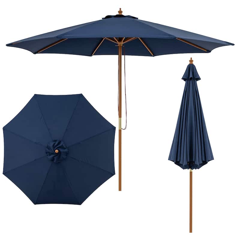 Gymax 9 FT Patio Umbrella w/Adjustable Height Rope Pulley Lift Vented - Navy Blue