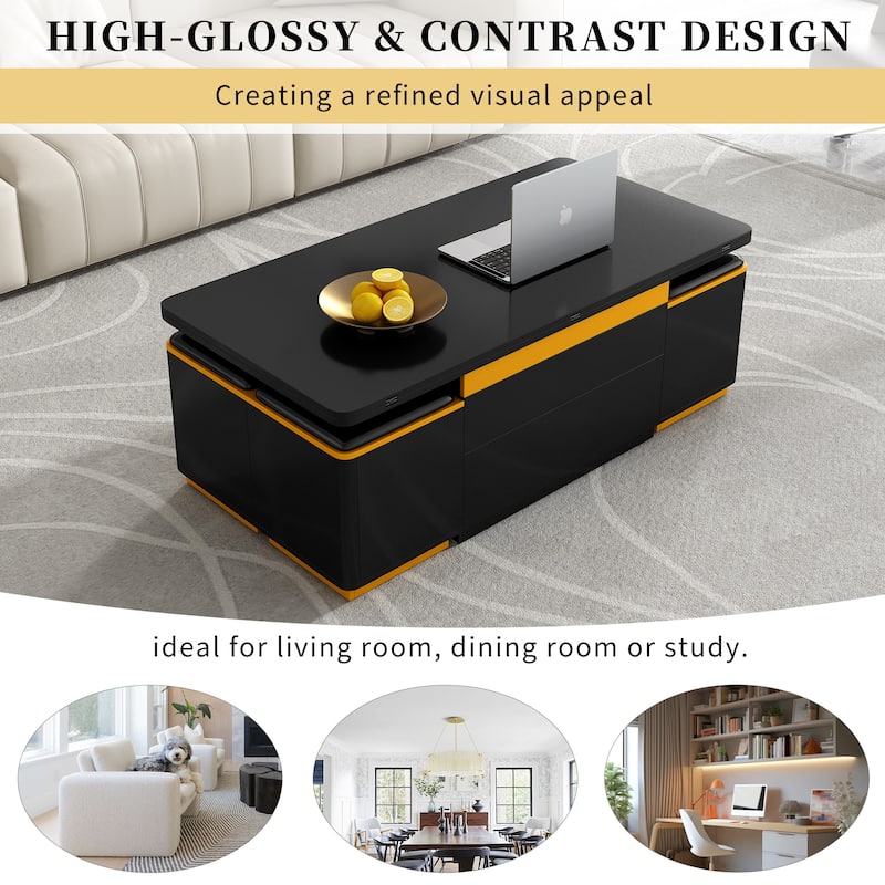 Contemporary Lift-Top Center Table With 4 Hidden Storage Ottomans - Foldable Multi-Purpose Coffee Table .