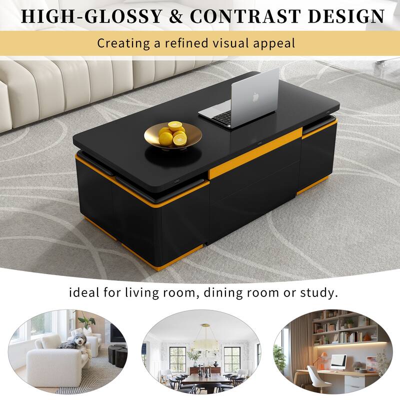 Lift-Top Coffee Table with 4 Storage Stools, Modern Space Saving Center Table with Foldable Top