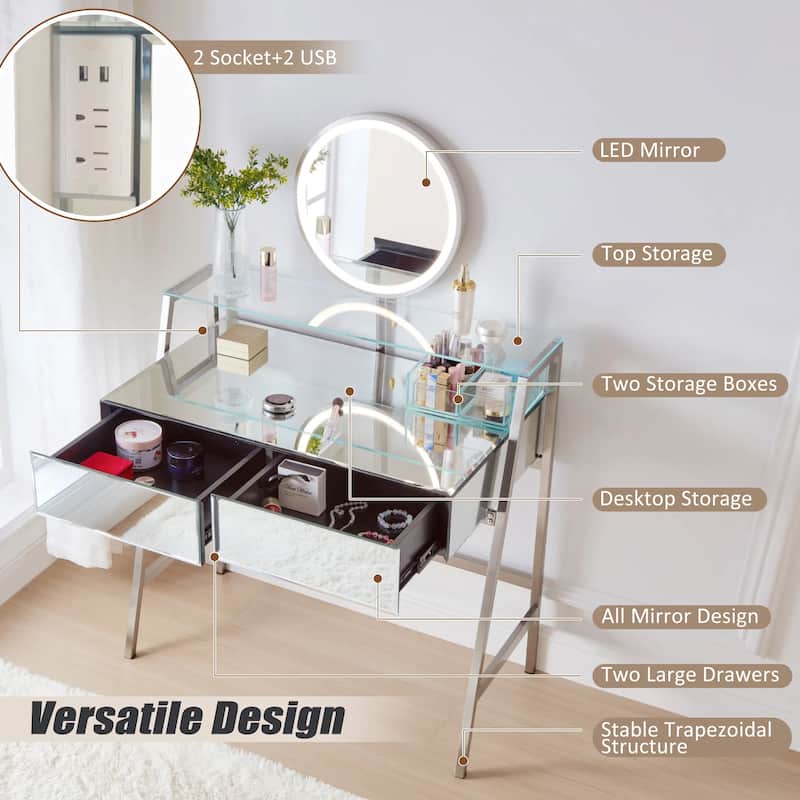 33.9" Mirrored Makeup Vanity Desk with Mirror and Lights