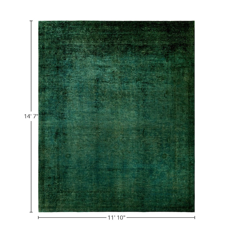 Overton Hand Knotted Wool Vintage Inspired Modern Contemporary Overdyed Green Area Rug - 11' 10" x 14' 7"