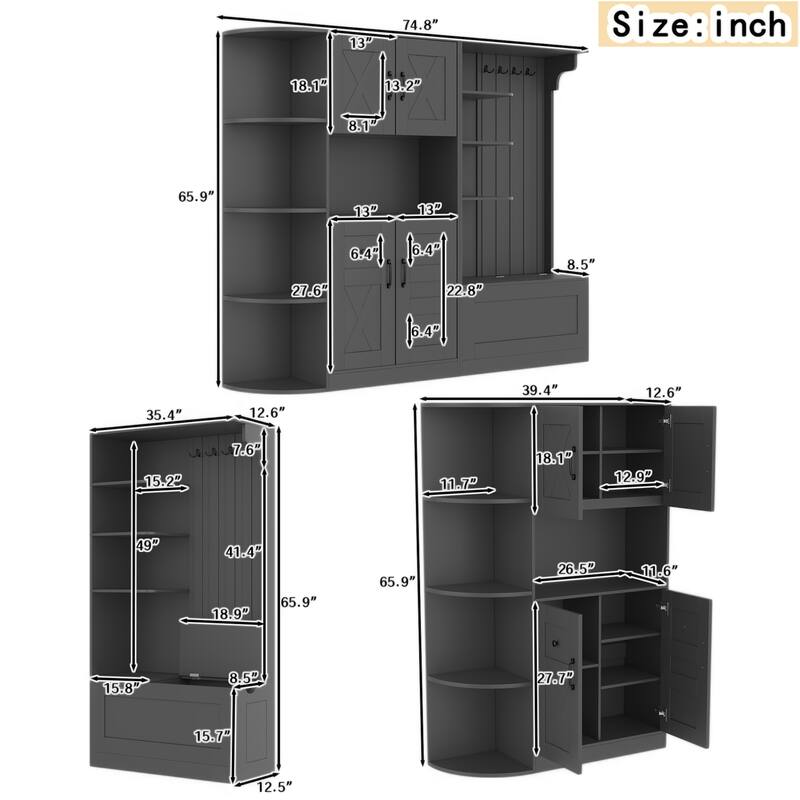 Versatile Left-Right Combination Hall Cabinet with 4 Hooks and Hall Tree 2-in-1, Can Be Used Separately