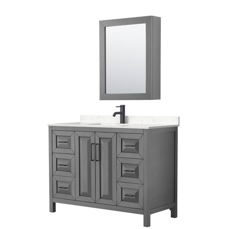 Daria 48 Inch Single Vanity, Cultured Marble Top, Medicine Cabinet - Dark Gray, Black Trim, Carrara Cultured Marble Top