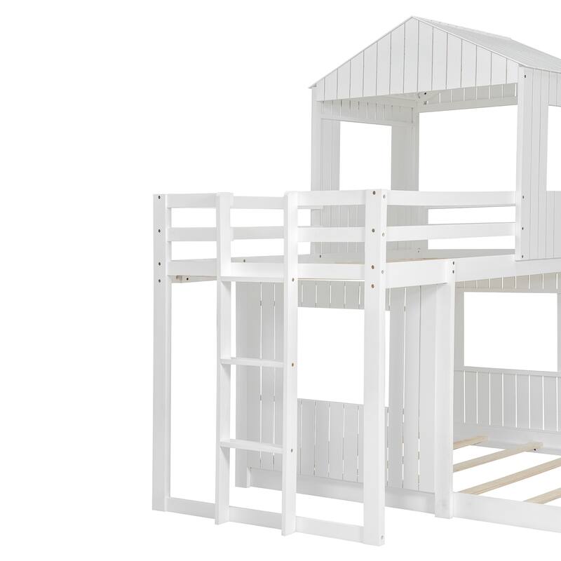 Wooden Twin Over Full Bunk Bed with Playhouse Design, Loft Bed with Ladder and Guardrails, Farmhouse Style