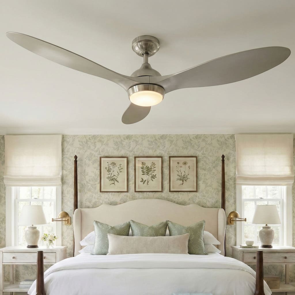 56" Nickel Modern ABS 3-Blade LED Ceiling Fan with Light and Remote