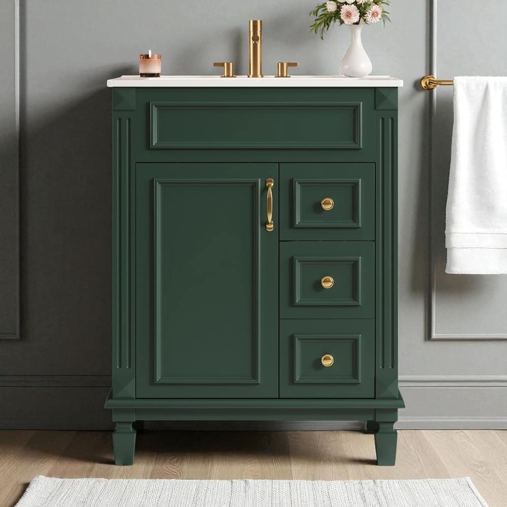 24" Bathroom Vanity with Ceramic Sink, Modern Small Cabinet with 2 Drawers and Shelf, Soft-Closing Door