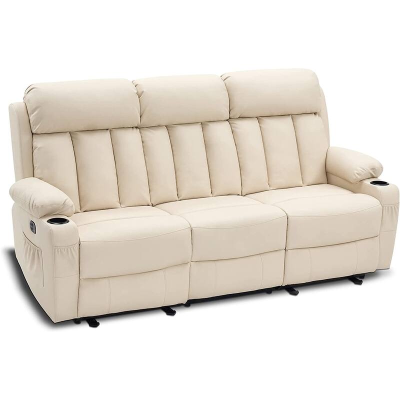 MCombo Electric Power Reclining Sofa with Heat & Massage, Faux Leather 6095/6075/6077 - reclining sofa - Cream White