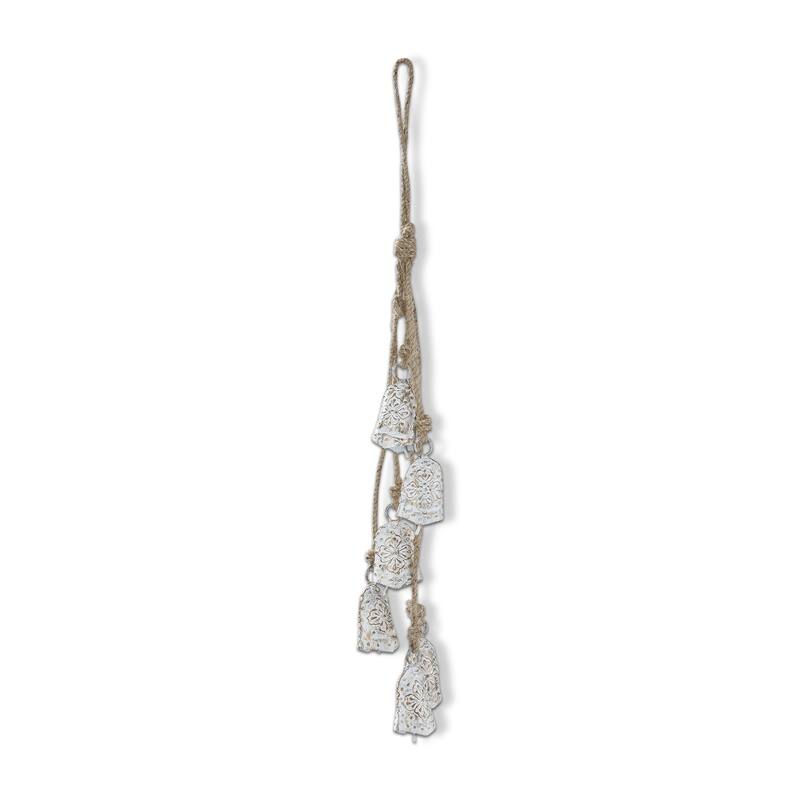 Balsam Bell and Jute Rope Cluster Decorative Bells for Christmas Antique White Iron 12 in H x 1.5 in L x 1 in W