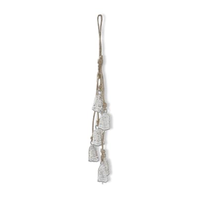 Balsam Bell and Jute Rope Cluster Decorative Bells for Christmas Antique White Iron 12 in H x 1.5 in L x 1 in W