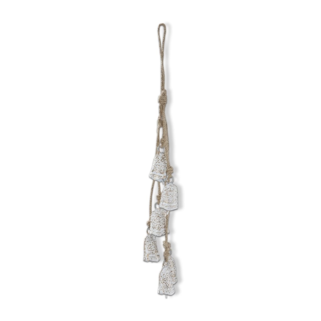 Balsam Bell and Jute Rope Cluster Decorative Bells for Christmas Antique White Iron 12 in H x 1.5 in L x 1 in W