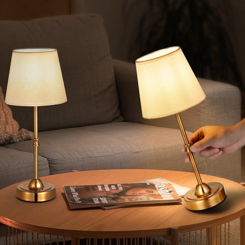 2 Pack Cordless Table Lamps with Fabric Shade and Rechargeable Battery - 6.3 x 6.3 x 16 inch - Gold