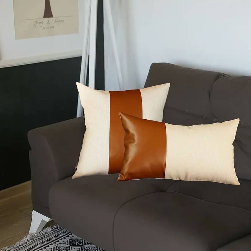 Bohemian Mixed Set of 2 Vegan Faux Leather Brown Solid Throw Pillow Cover