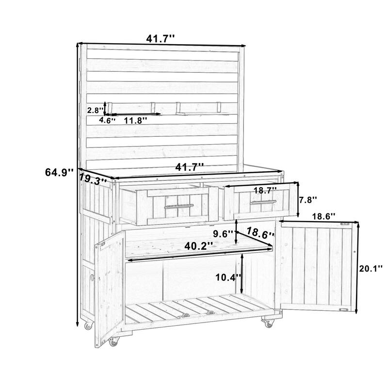 Solid Wood 64.9''Tall Outdoor Kitchen Island Kitchen Cart, Garden Potting Bench with Stainless Table Top for BBQ
