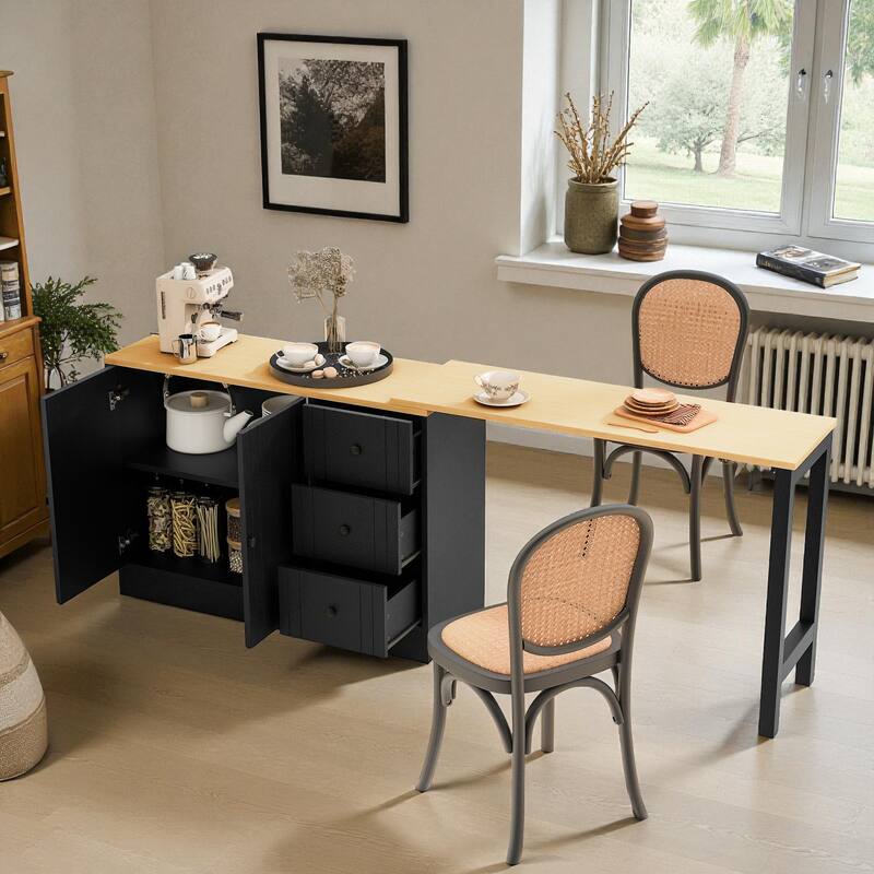 89.7" Wooden Sideboard Buffet Cabinet with Extendable Table, 2 Doors, 3 Drawers, Adjustable Shelf for Kitchen or Living Room