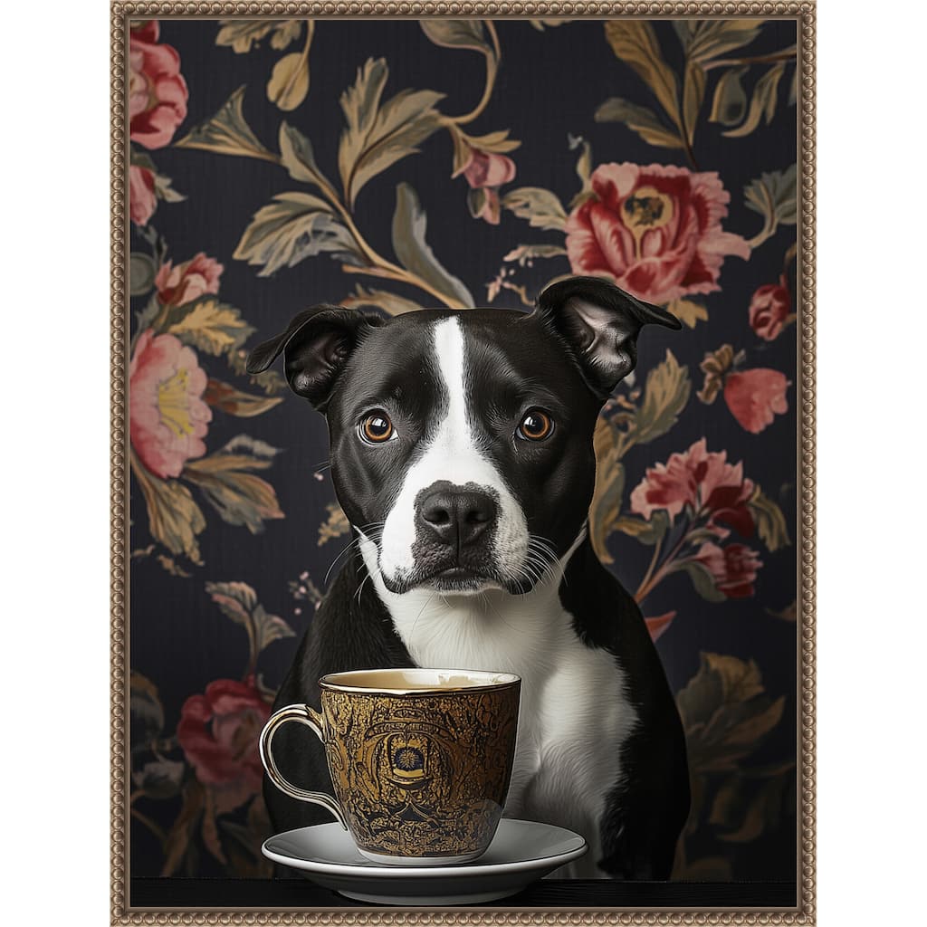 The Refined Staffy Cafe Moment by Mowzu Framed Canvas Wall Art
