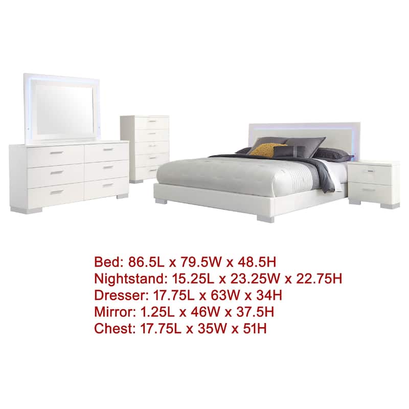 Sok 5pc King Bedroom Set, Blue LED Lights, Faux Leather, White Wood