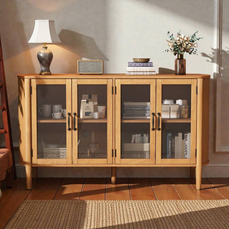 58'' Modern Storage Cabinet with 4 Doors, Large Sideboard with Adjustable Shelves for Entryway, Living Room or Dining Room - Natural