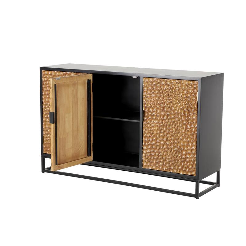 Wooden Handmade Carved Pebbled 3 Door Sideboard with Black Metal Frame - Brown - Roche River Decor