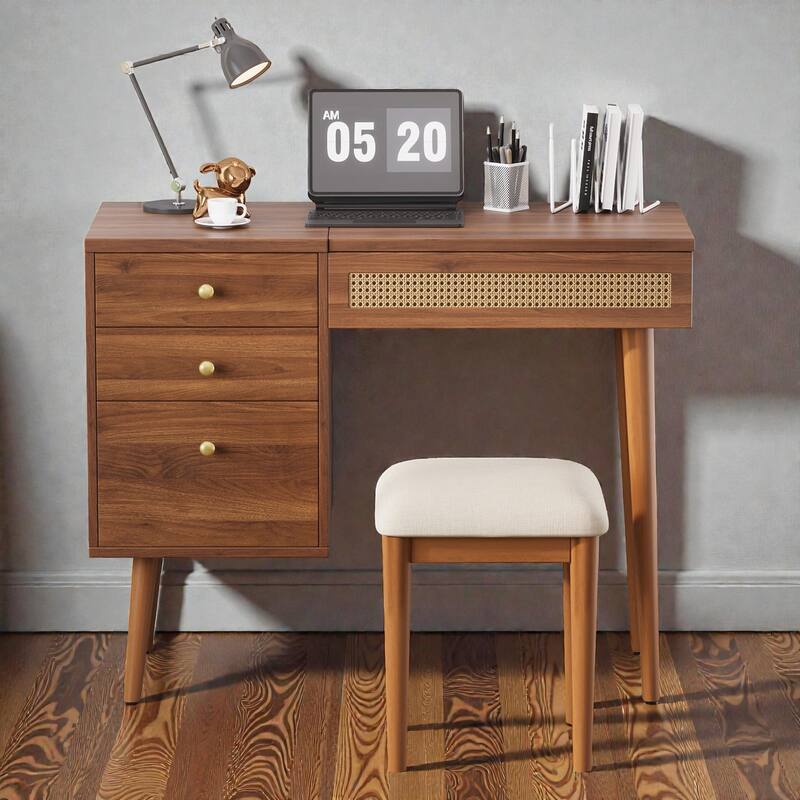 39" Retro Boho Vanity Desk with Flip-Top LED Mirror, 3 Drawers & 10 Compartments, Rattan Makeup Table with Stool