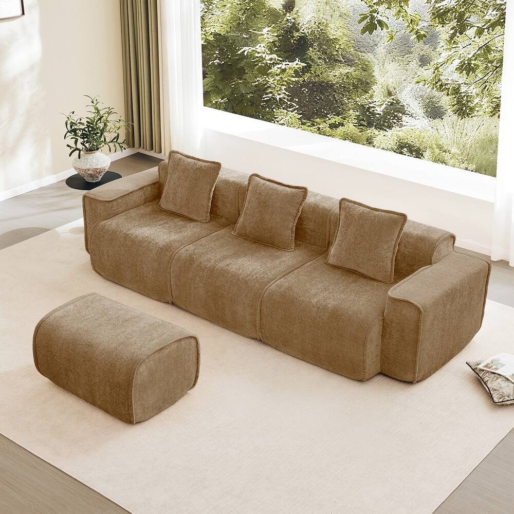 Streamlined Design Modular 3 Seat L Shape Boneless Velvet Fabric Sofa with 1 Movable Ottoman - 8' x 10'