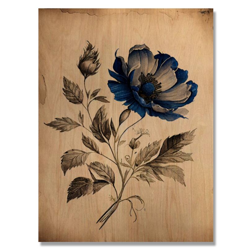 Designart 'Blue Vintage Flower Blooming IV' Floral Wood Wall Art - Natural Pine Wood