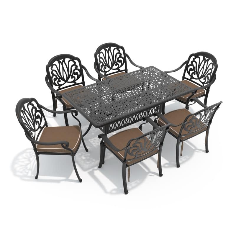 7-Piece Patio Dining Set Aluminum Table & 6 Dining Arm Chairs with Brown Cushions
