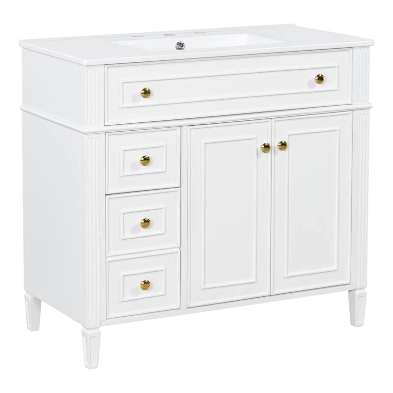 Roomfitters 36" Bathroom Vanity with Sink, Solid Wood Frame, Flip-Out Drawer, 3 Drawers & Soft-Close Doors