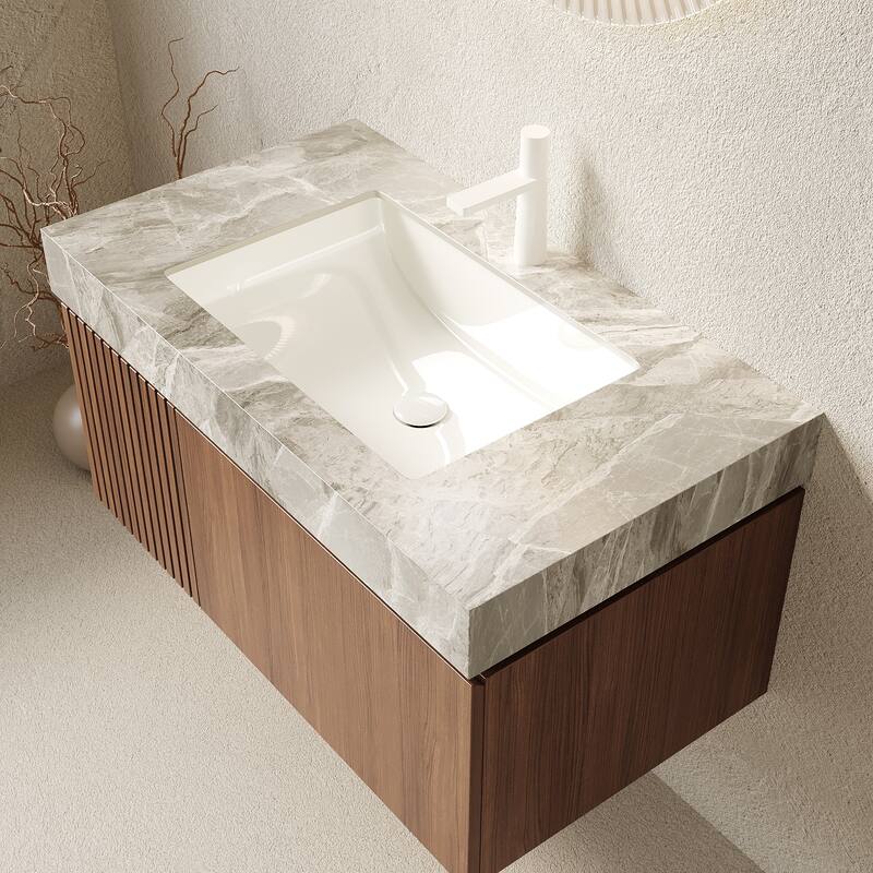 GDFStudio - Muri 36" Floating Bathroom Vanity with Light Gray Sintered Stone Countertop & Basin, WITHOUT Faucet