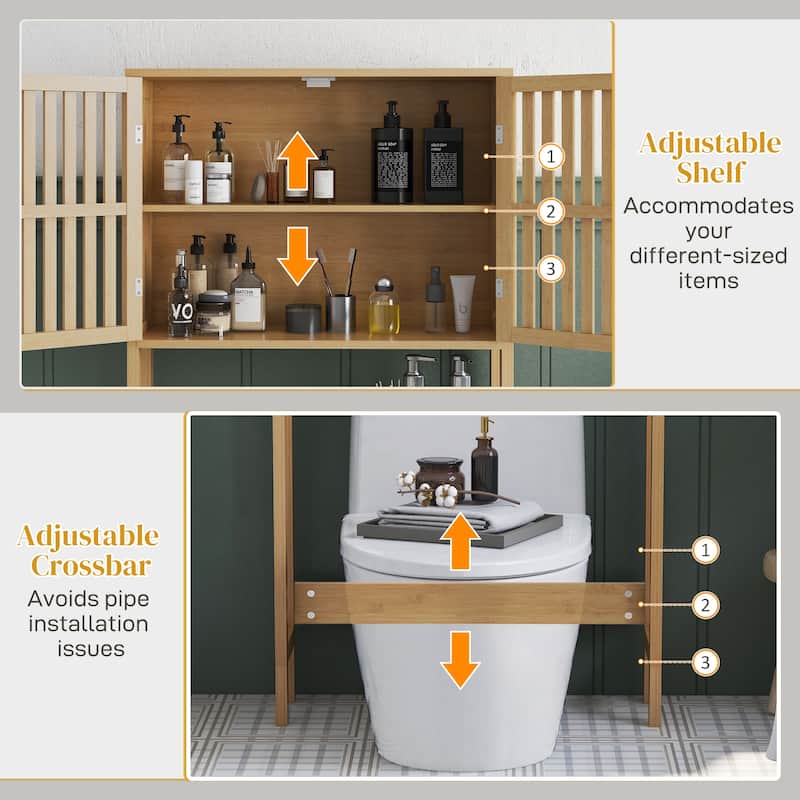 HOMCOM Bamboo Over the Toilet Storage Cabinet, Over Toilet Bathroom Organizer with Slatted Doors, Adjustable Shelf