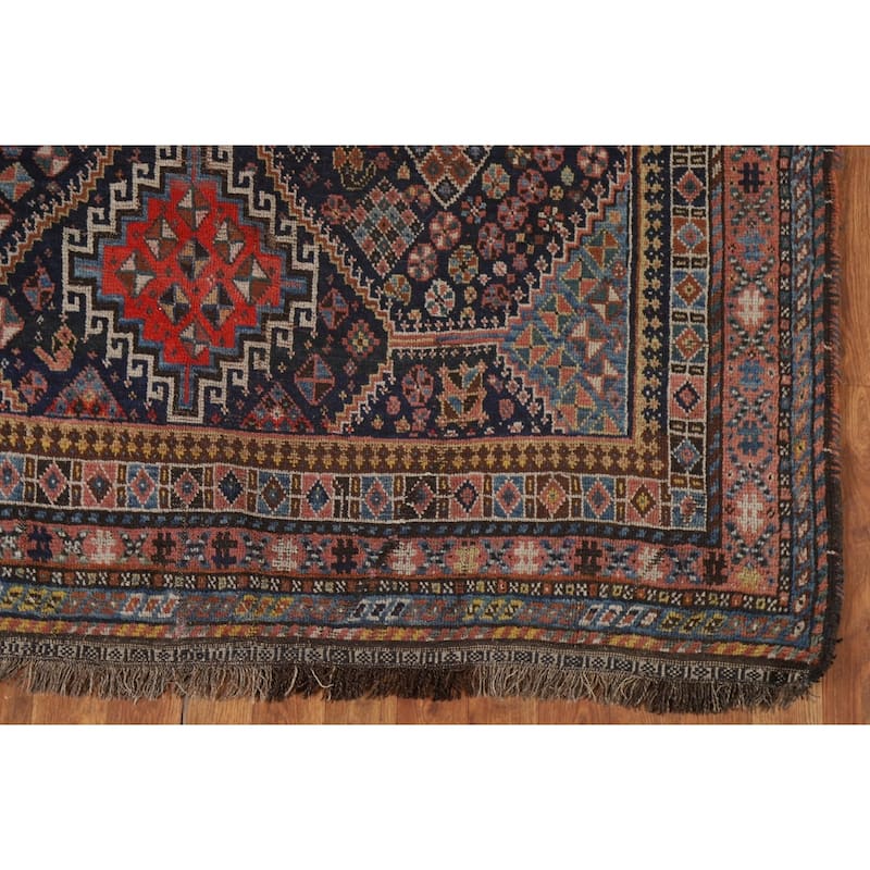 Pre-1900 Antique Blue Qashqai Persian Area Rug Handmade Wool Carpet - 5'1"x 7'8"