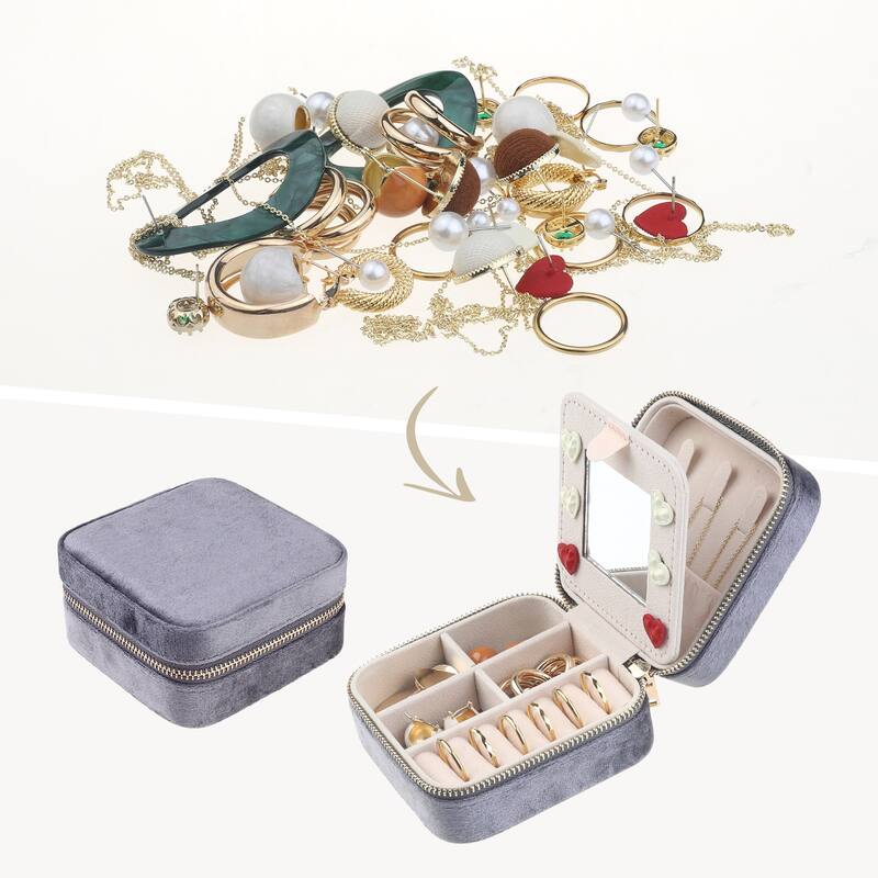Travel Jewelry Box with Mirror for Birthday Gifts, Small Portable Plush Velvet Jewelry Organizer Case Storage Display Holder - Grey