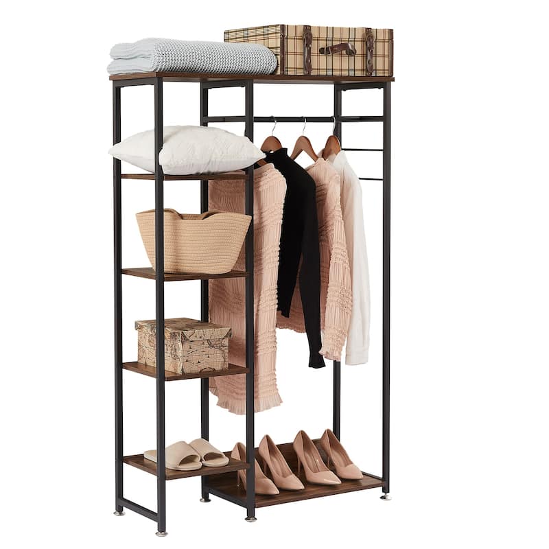 Javlergo Clothes Rack with Shelves and Hang Rod, Freestanding Storage Wardrobe - 35" W x 11.6" D x 55" H - Brown